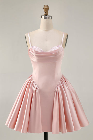 Blush Cowl Neck A-Line Spaghetti Straps Beaded Satin Cocktail Dress